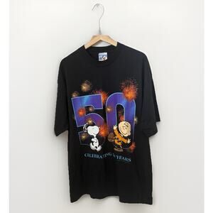 Peanuts Celebrating 50 Years Anniversary Charlie Brown Snoopy T Shirt Black XL